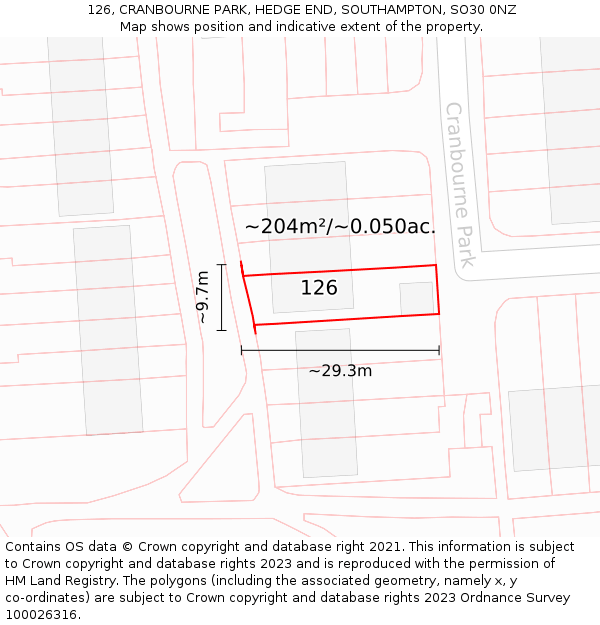 126, CRANBOURNE PARK, HEDGE END, SOUTHAMPTON, SO30 0NZ: Plot and title map