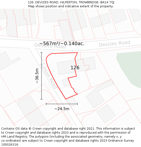 126, DEVIZES ROAD, HILPERTON, TROWBRIDGE, BA14 7QJ: Plot and title map