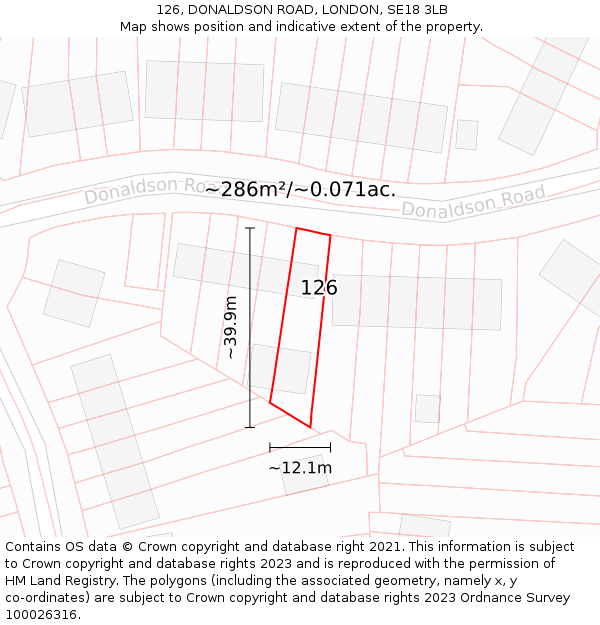 126, DONALDSON ROAD, LONDON, SE18 3LB: Plot and title map