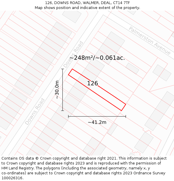 126, DOWNS ROAD, WALMER, DEAL, CT14 7TF: Plot and title map