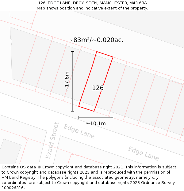 126, EDGE LANE, DROYLSDEN, MANCHESTER, M43 6BA: Plot and title map