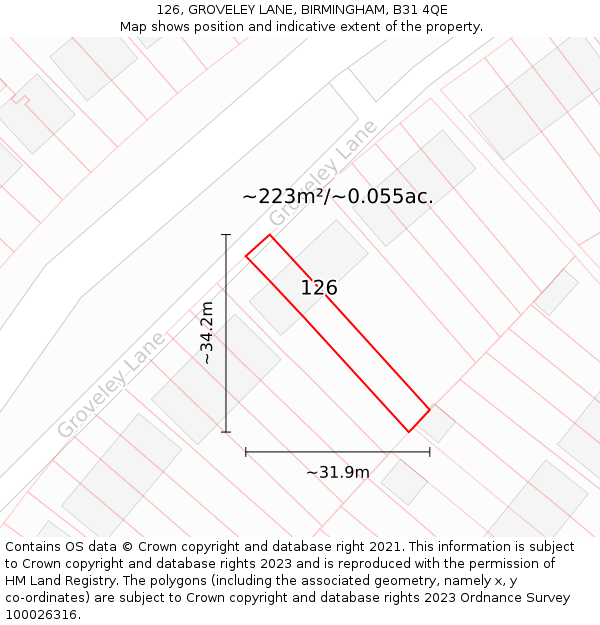126, GROVELEY LANE, BIRMINGHAM, B31 4QE: Plot and title map