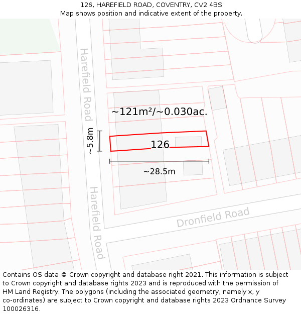 126, HAREFIELD ROAD, COVENTRY, CV2 4BS: Plot and title map