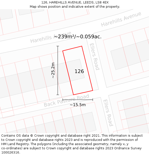 126, HAREHILLS AVENUE, LEEDS, LS8 4EX: Plot and title map