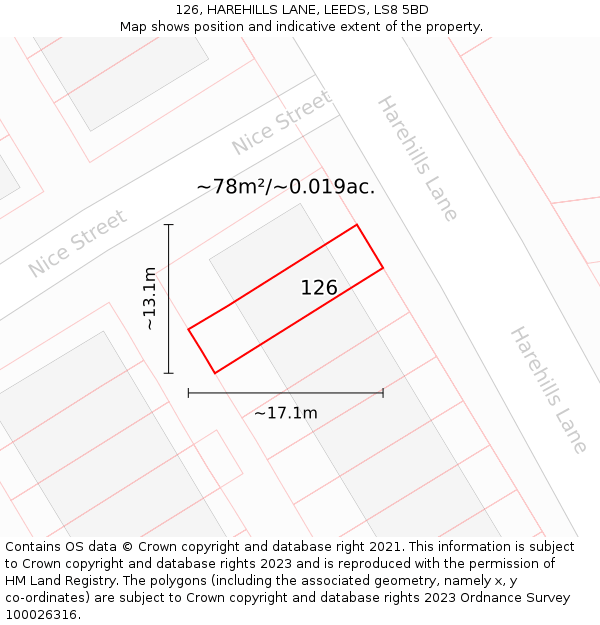 126, HAREHILLS LANE, LEEDS, LS8 5BD: Plot and title map