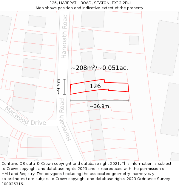 126, HAREPATH ROAD, SEATON, EX12 2BU: Plot and title map