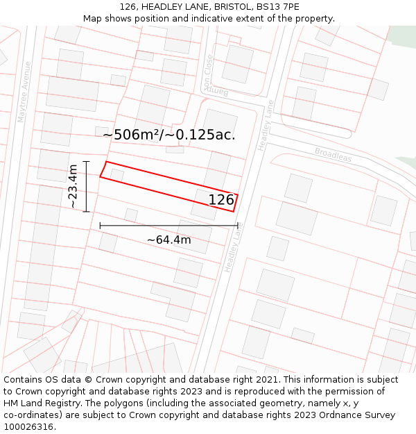 126, HEADLEY LANE, BRISTOL, BS13 7PE: Plot and title map