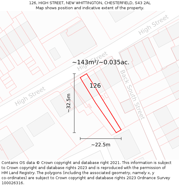 126, HIGH STREET, NEW WHITTINGTON, CHESTERFIELD, S43 2AL: Plot and title map