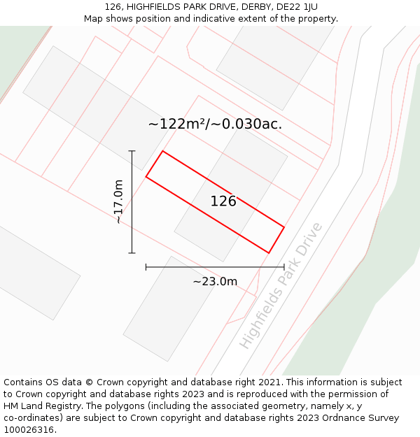 126, HIGHFIELDS PARK DRIVE, DERBY, DE22 1JU: Plot and title map