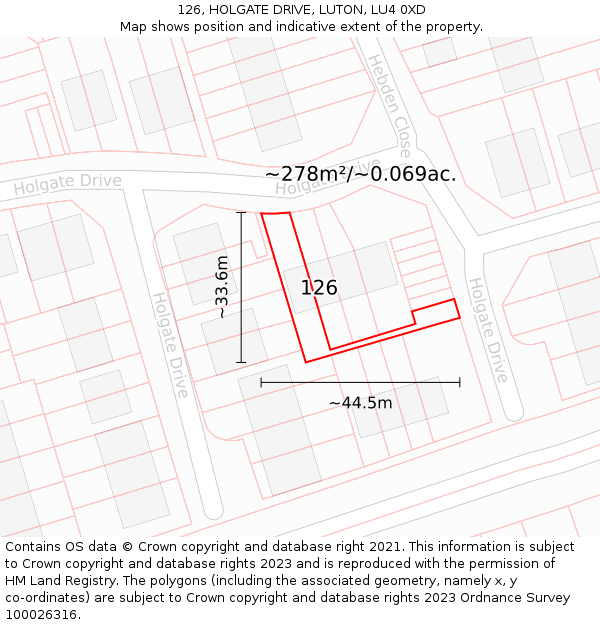 126, HOLGATE DRIVE, LUTON, LU4 0XD: Plot and title map