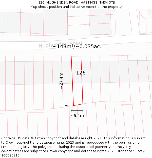 126, HUGHENDEN ROAD, HASTINGS, TN34 3TE: Plot and title map