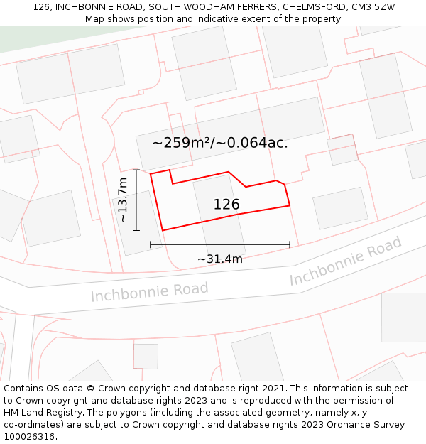 126, INCHBONNIE ROAD, SOUTH WOODHAM FERRERS, CHELMSFORD, CM3 5ZW: Plot and title map