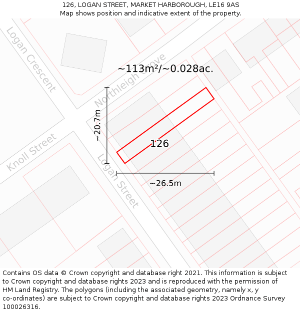 126, LOGAN STREET, MARKET HARBOROUGH, LE16 9AS: Plot and title map