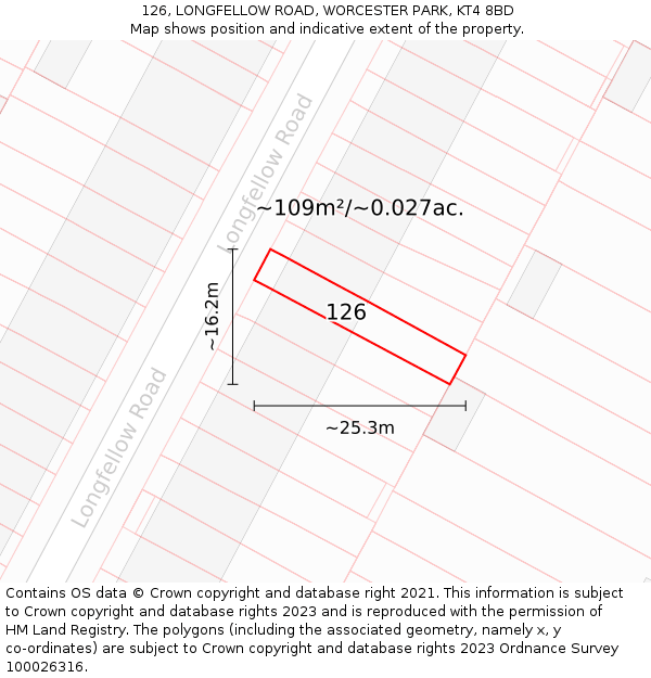126, LONGFELLOW ROAD, WORCESTER PARK, KT4 8BD: Plot and title map
