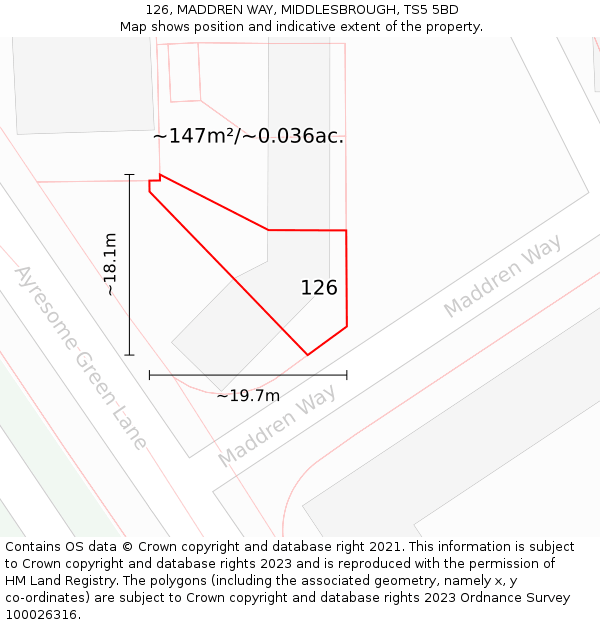 126, MADDREN WAY, MIDDLESBROUGH, TS5 5BD: Plot and title map