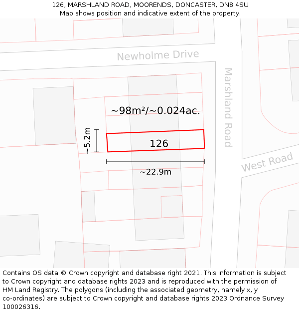 126, MARSHLAND ROAD, MOORENDS, DONCASTER, DN8 4SU: Plot and title map