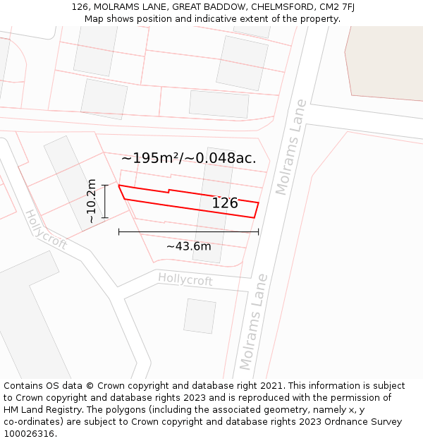 126, MOLRAMS LANE, GREAT BADDOW, CHELMSFORD, CM2 7FJ: Plot and title map