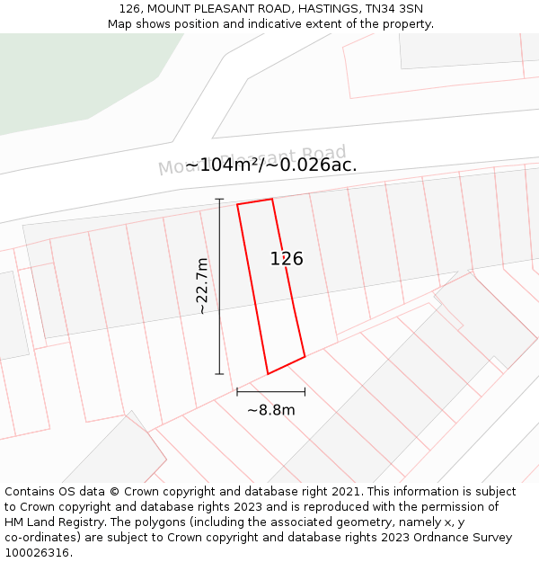 126, MOUNT PLEASANT ROAD, HASTINGS, TN34 3SN: Plot and title map
