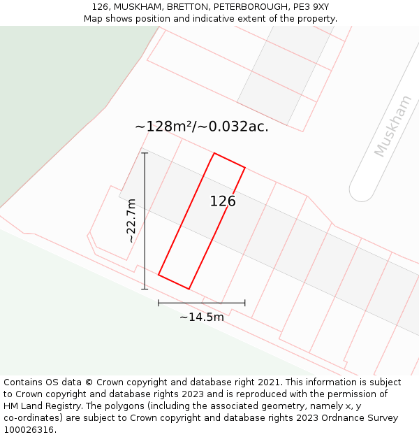 126, MUSKHAM, BRETTON, PETERBOROUGH, PE3 9XY: Plot and title map