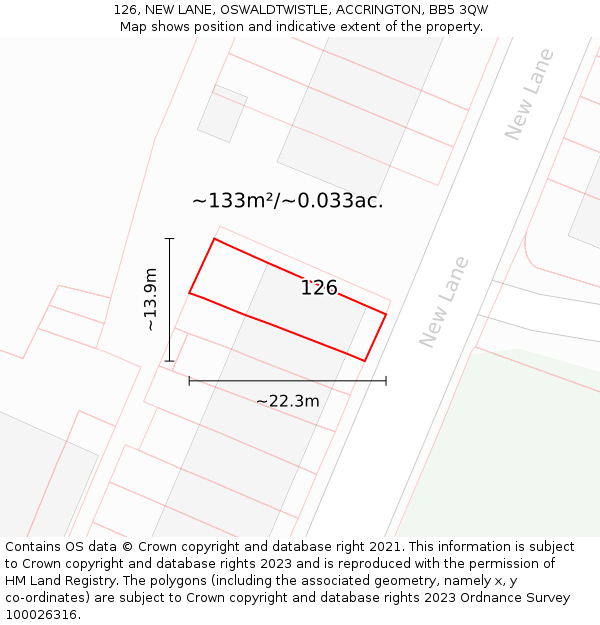 126, NEW LANE, OSWALDTWISTLE, ACCRINGTON, BB5 3QW: Plot and title map