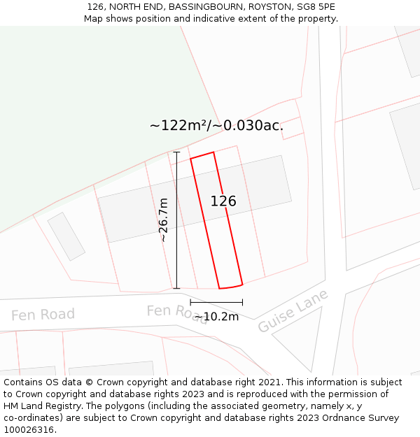 126, NORTH END, BASSINGBOURN, ROYSTON, SG8 5PE: Plot and title map