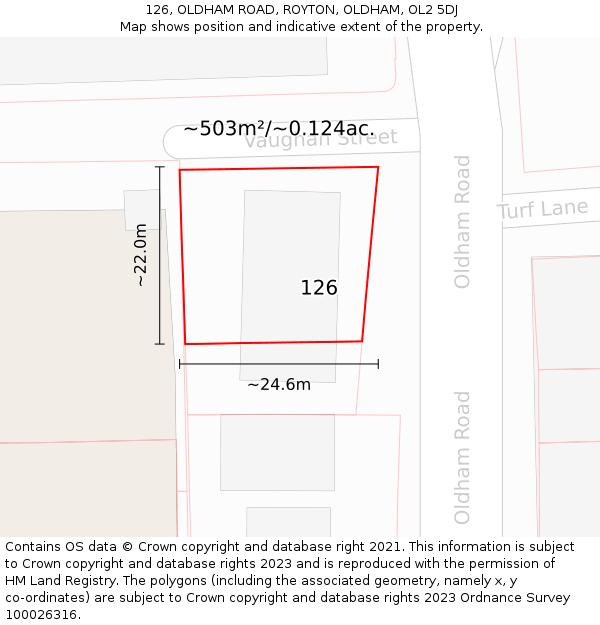 126, OLDHAM ROAD, ROYTON, OLDHAM, OL2 5DJ: Plot and title map