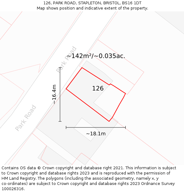 126, PARK ROAD, STAPLETON, BRISTOL, BS16 1DT: Plot and title map