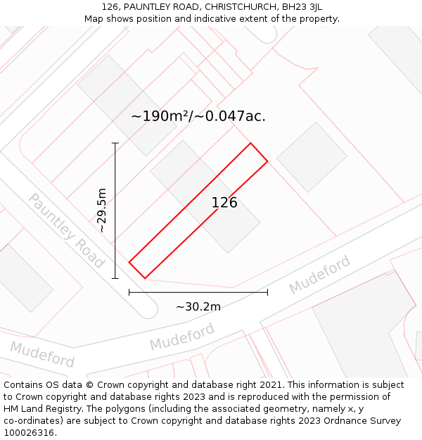 126, PAUNTLEY ROAD, CHRISTCHURCH, BH23 3JL: Plot and title map