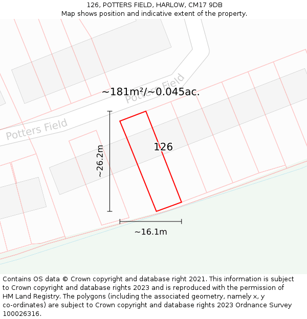 126, POTTERS FIELD, HARLOW, CM17 9DB: Plot and title map
