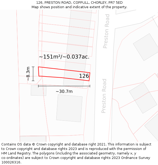 126, PRESTON ROAD, COPPULL, CHORLEY, PR7 5ED: Plot and title map