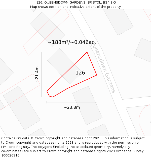 126, QUEENSDOWN GARDENS, BRISTOL, BS4 3JG: Plot and title map