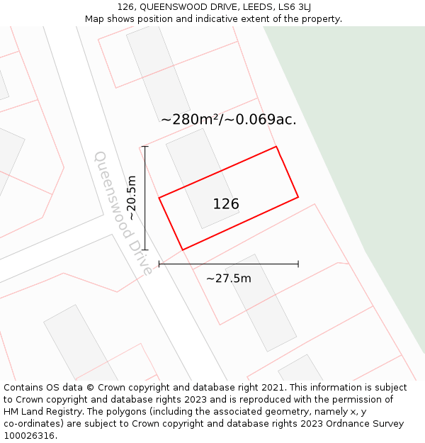 126, QUEENSWOOD DRIVE, LEEDS, LS6 3LJ: Plot and title map