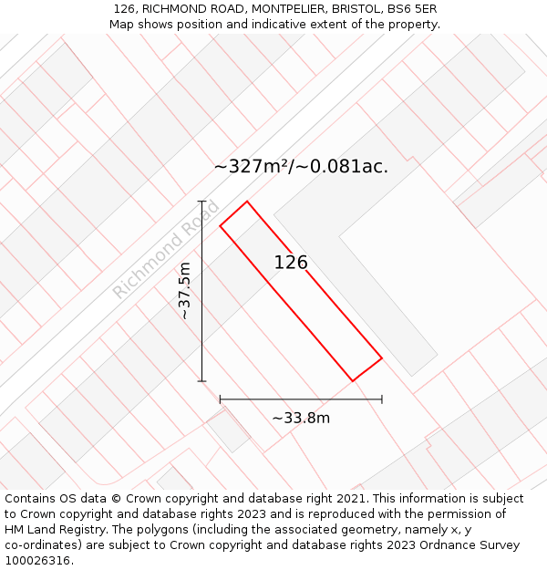 126, RICHMOND ROAD, MONTPELIER, BRISTOL, BS6 5ER: Plot and title map