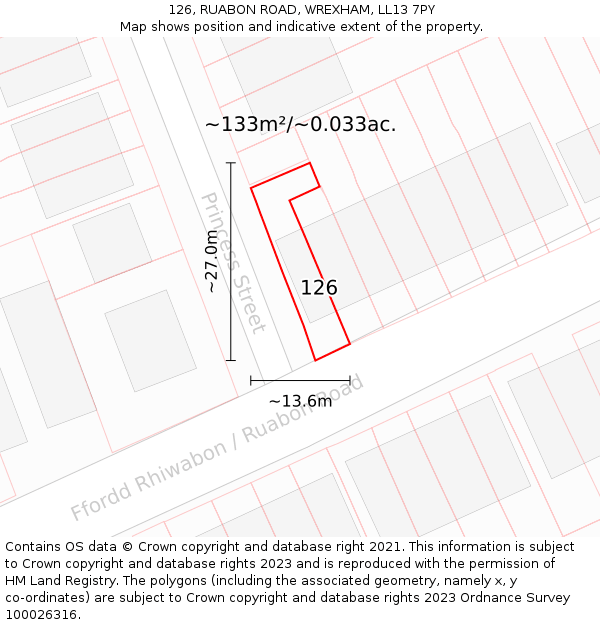 126, RUABON ROAD, WREXHAM, LL13 7PY: Plot and title map