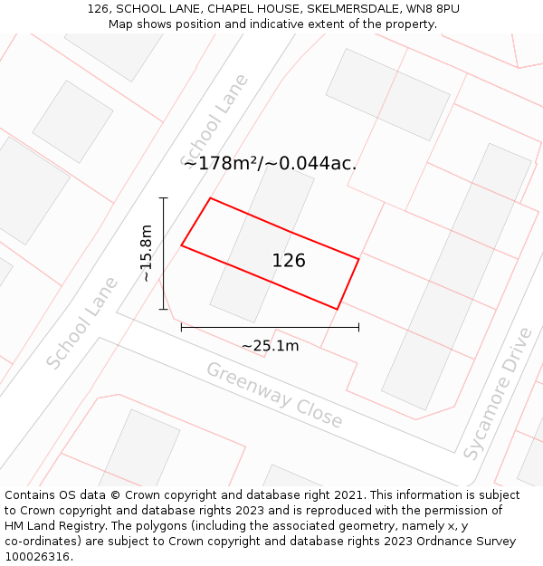 126, SCHOOL LANE, CHAPEL HOUSE, SKELMERSDALE, WN8 8PU: Plot and title map