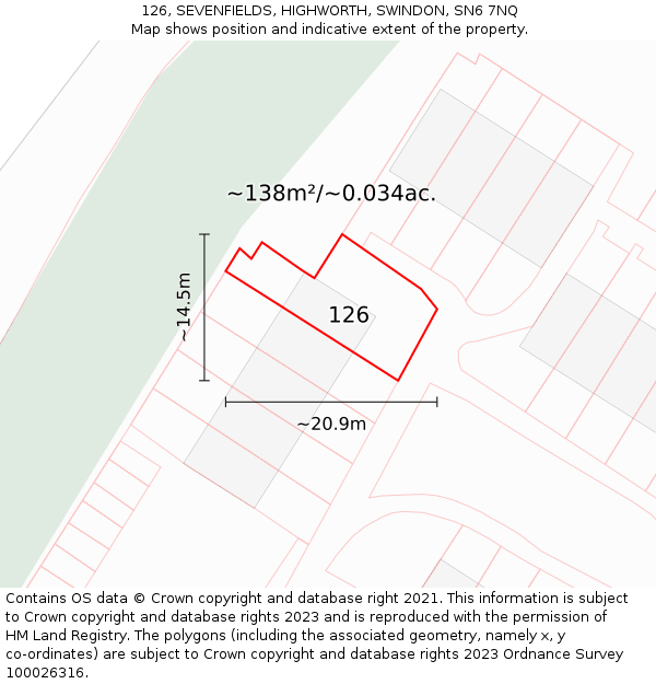 126, SEVENFIELDS, HIGHWORTH, SWINDON, SN6 7NQ: Plot and title map