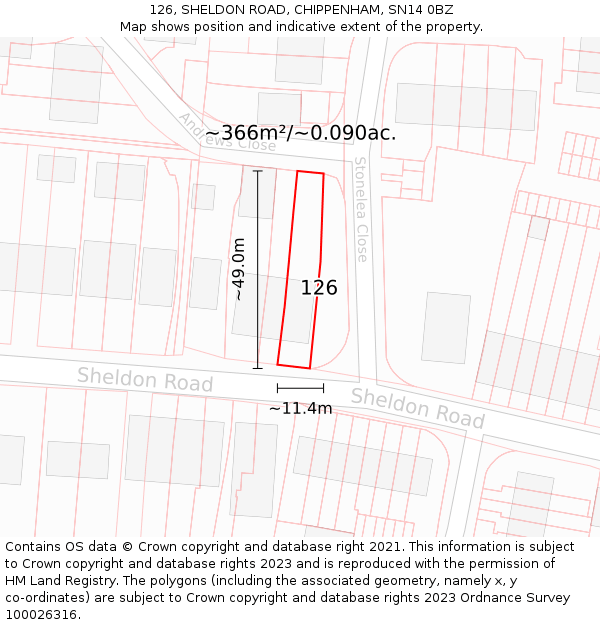 126, SHELDON ROAD, CHIPPENHAM, SN14 0BZ: Plot and title map