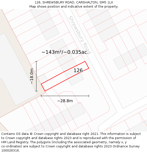 126, SHREWSBURY ROAD, CARSHALTON, SM5 1LX: Plot and title map