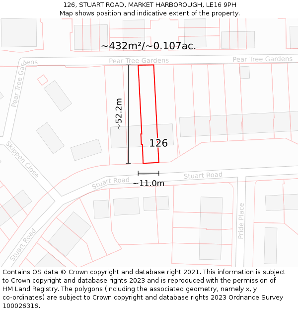 126, STUART ROAD, MARKET HARBOROUGH, LE16 9PH: Plot and title map