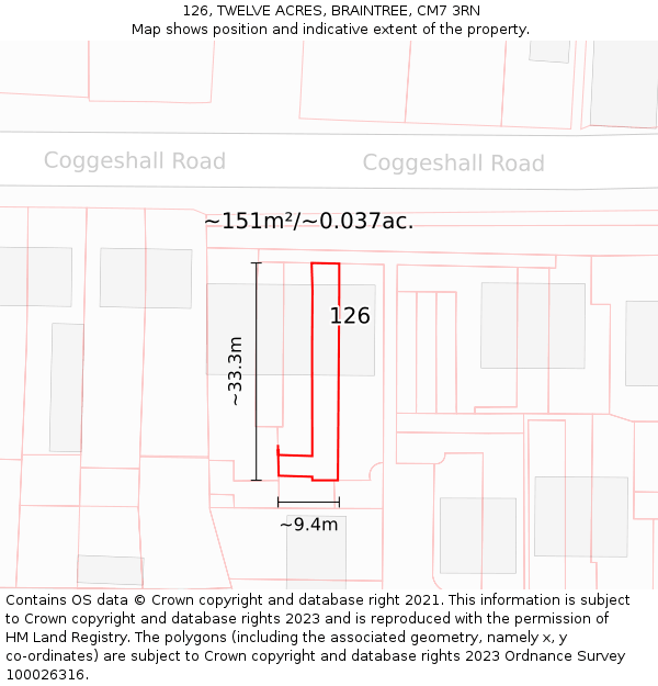 126, TWELVE ACRES, BRAINTREE, CM7 3RN: Plot and title map