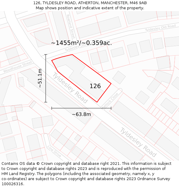 126, TYLDESLEY ROAD, ATHERTON, MANCHESTER, M46 9AB: Plot and title map
