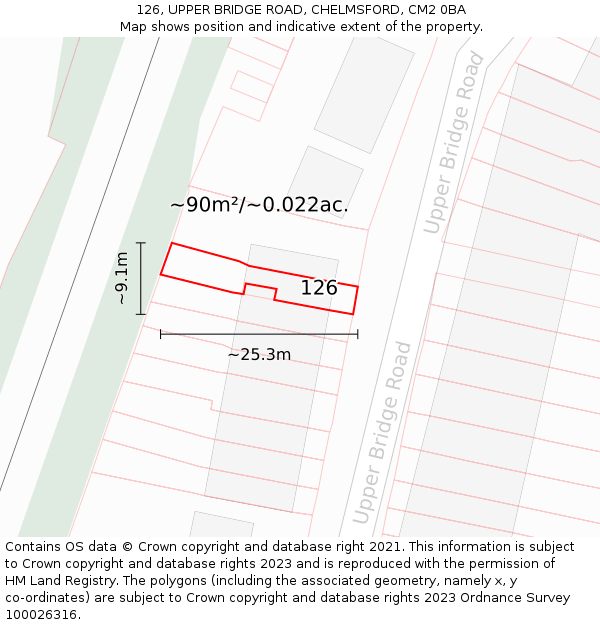 126, UPPER BRIDGE ROAD, CHELMSFORD, CM2 0BA: Plot and title map