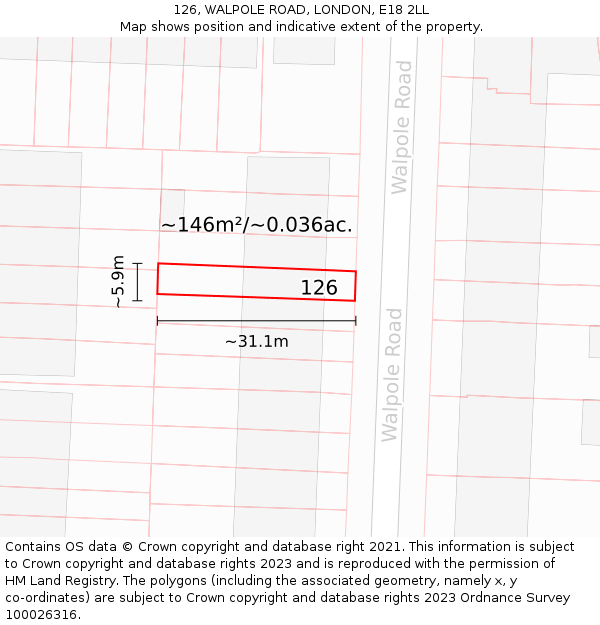 126, WALPOLE ROAD, LONDON, E18 2LL: Plot and title map