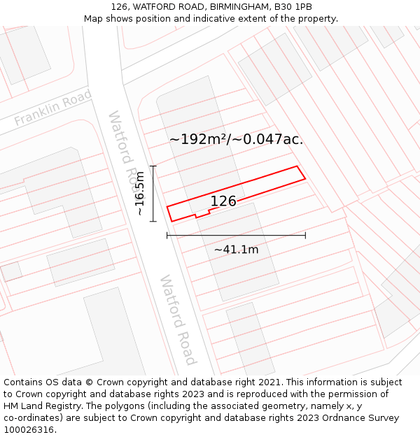 126, WATFORD ROAD, BIRMINGHAM, B30 1PB: Plot and title map