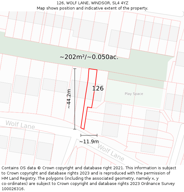 126, WOLF LANE, WINDSOR, SL4 4YZ: Plot and title map
