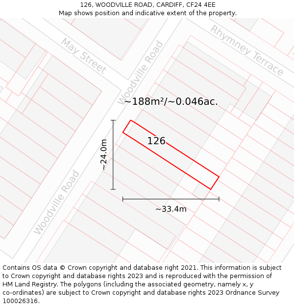 126, WOODVILLE ROAD, CARDIFF, CF24 4EE: Plot and title map