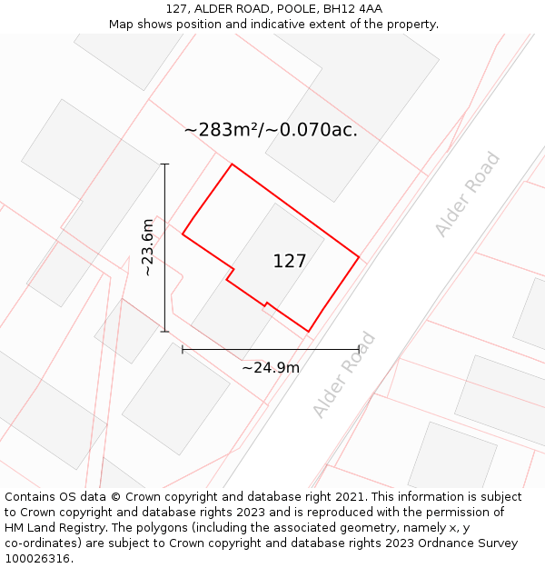 127, ALDER ROAD, POOLE, BH12 4AA: Plot and title map