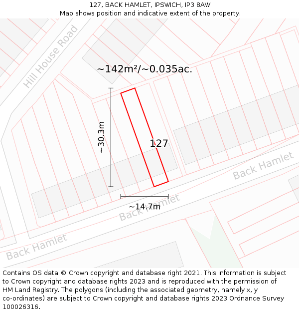 127, BACK HAMLET, IPSWICH, IP3 8AW: Plot and title map