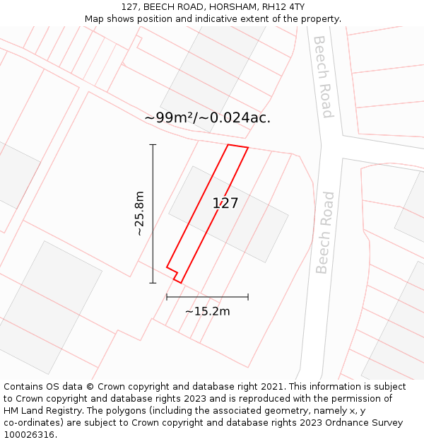 127, BEECH ROAD, HORSHAM, RH12 4TY: Plot and title map