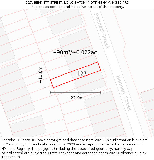 127, BENNETT STREET, LONG EATON, NOTTINGHAM, NG10 4RD: Plot and title map
